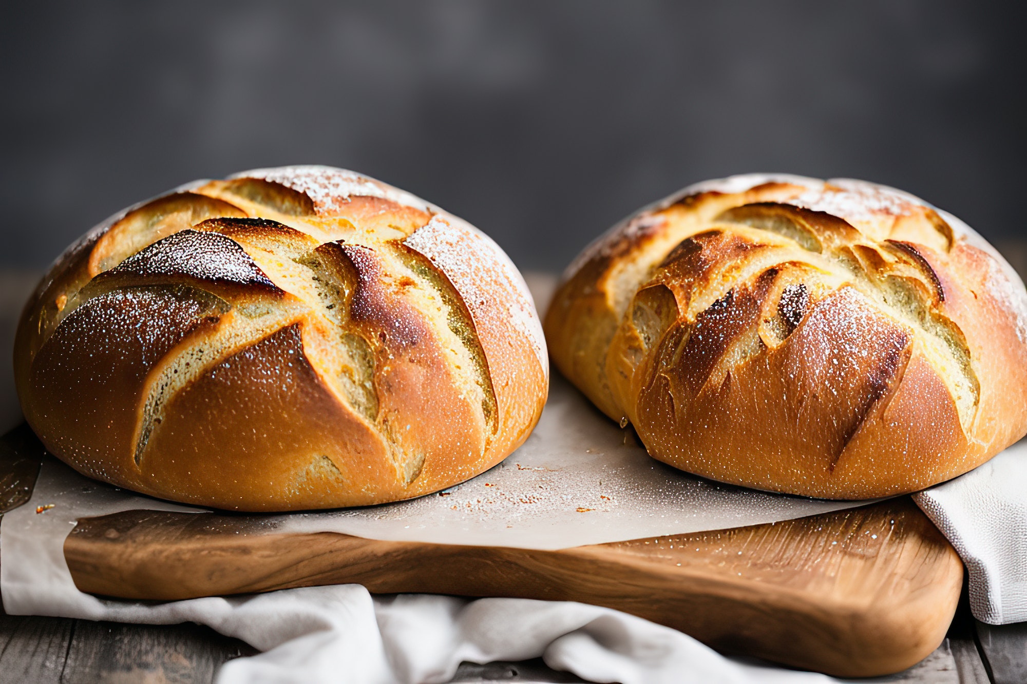 Sourdough bread with crispy crust on wooden shelf. bakery products